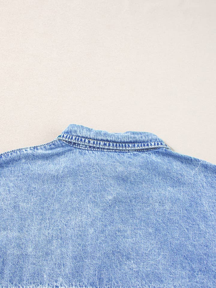 Light Blue Loose Medium Wash Chambray Dress with Short Sleeves for wholesale on Faire18