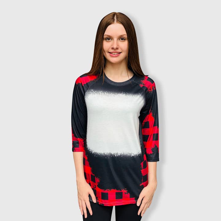 ILTEX Apparel - Wholesale Sublimation Blank T-Shirt - Women's - Buffalo Plaid Black Red Raglan Blank Faux Bleached Top