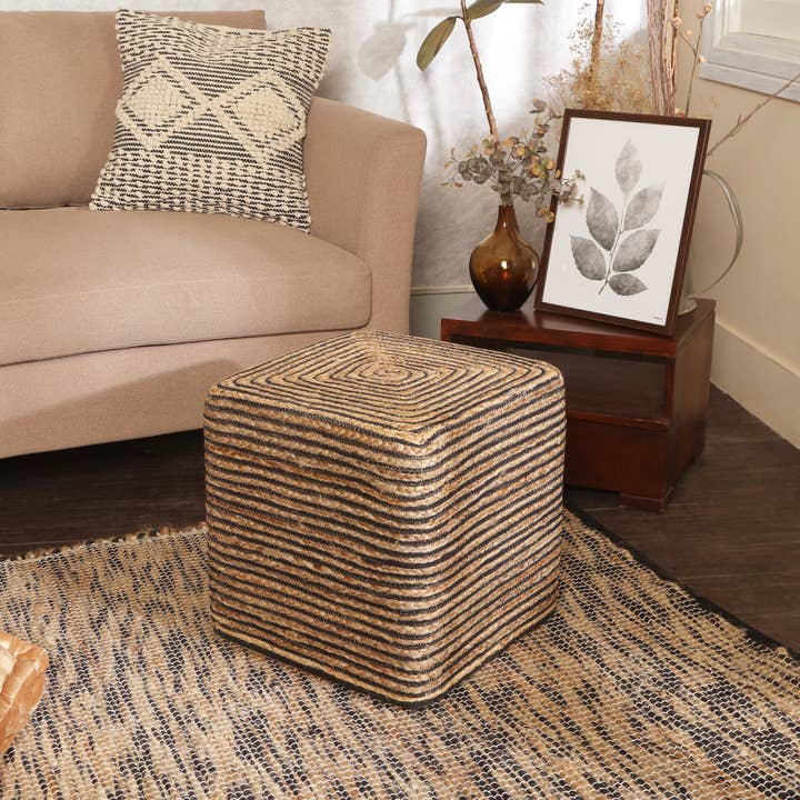 REDEARTH - Wholesale Pouf - REDEARTH Cube Pouf Foot Stool Ottoman - Jute Braided Pouffe Poof Accent Sitting Footrest for The Living Room, Bedroom, Nursery, Lounge 50% Jute 50% Cotton Set Of 2 (14.5”x14.5”x16”; Natural Black)