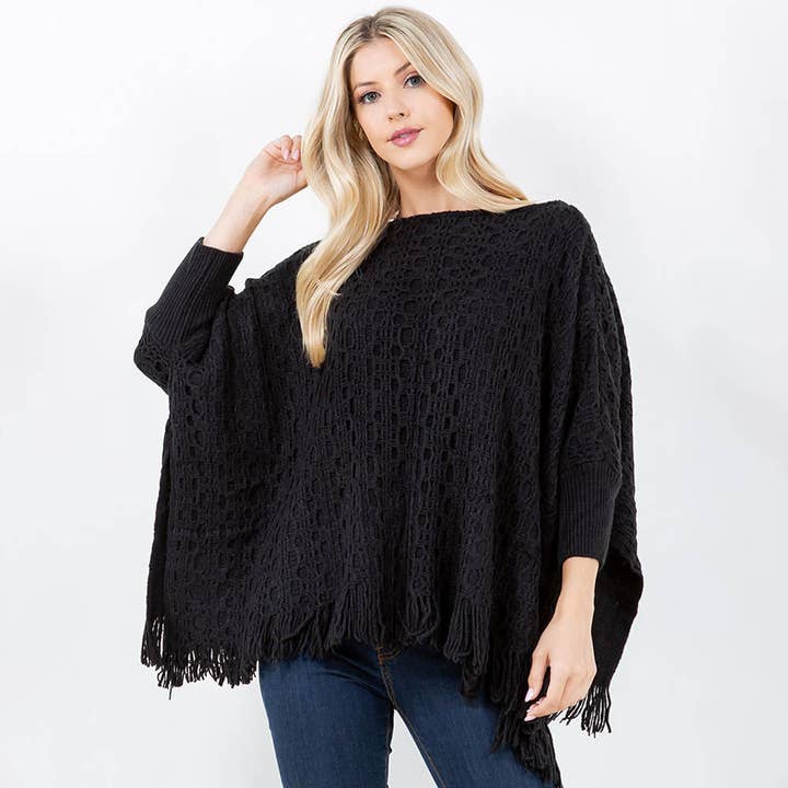 Boho Fringe Hem Crochet Knit Poncho for wholesale by Sensibling Corp.