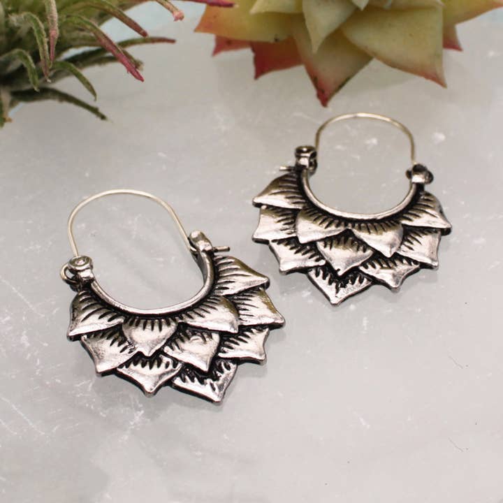 ZAD - Wholesale Hoop Earrings - Silver Lotus Hoop Earrings3