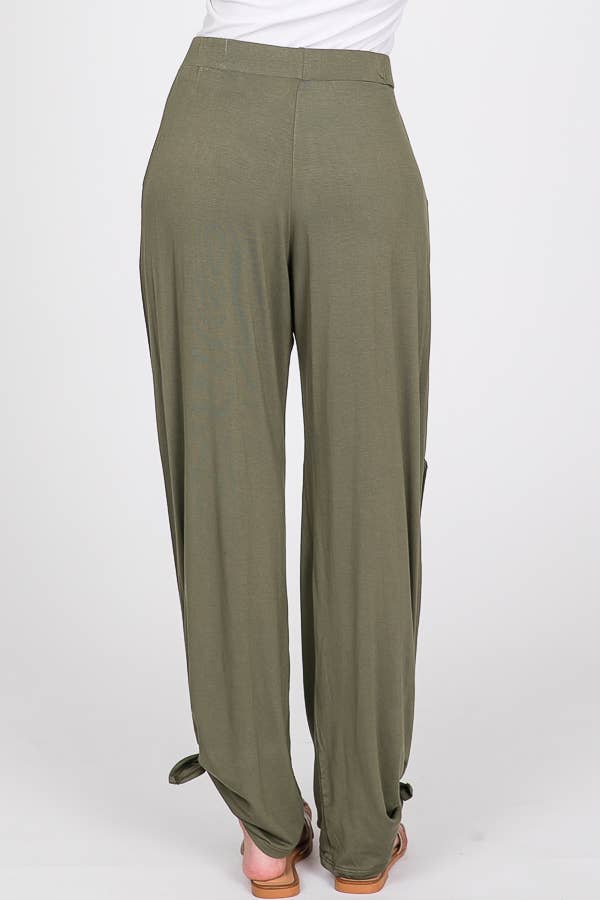 7th Ray - Wholesale Pants - Women's - Solid Elastic Waist Side Slit Ankle Tie Pants P14626