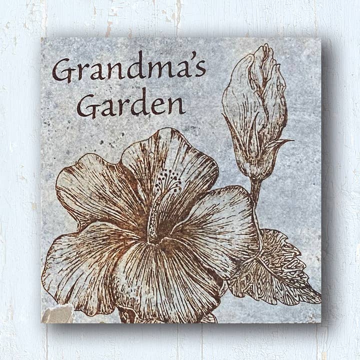 Art de jardin | Piquet de jardin | Hibiscus avec inscription | 4 « x4" pour la vente par Art of the Tile