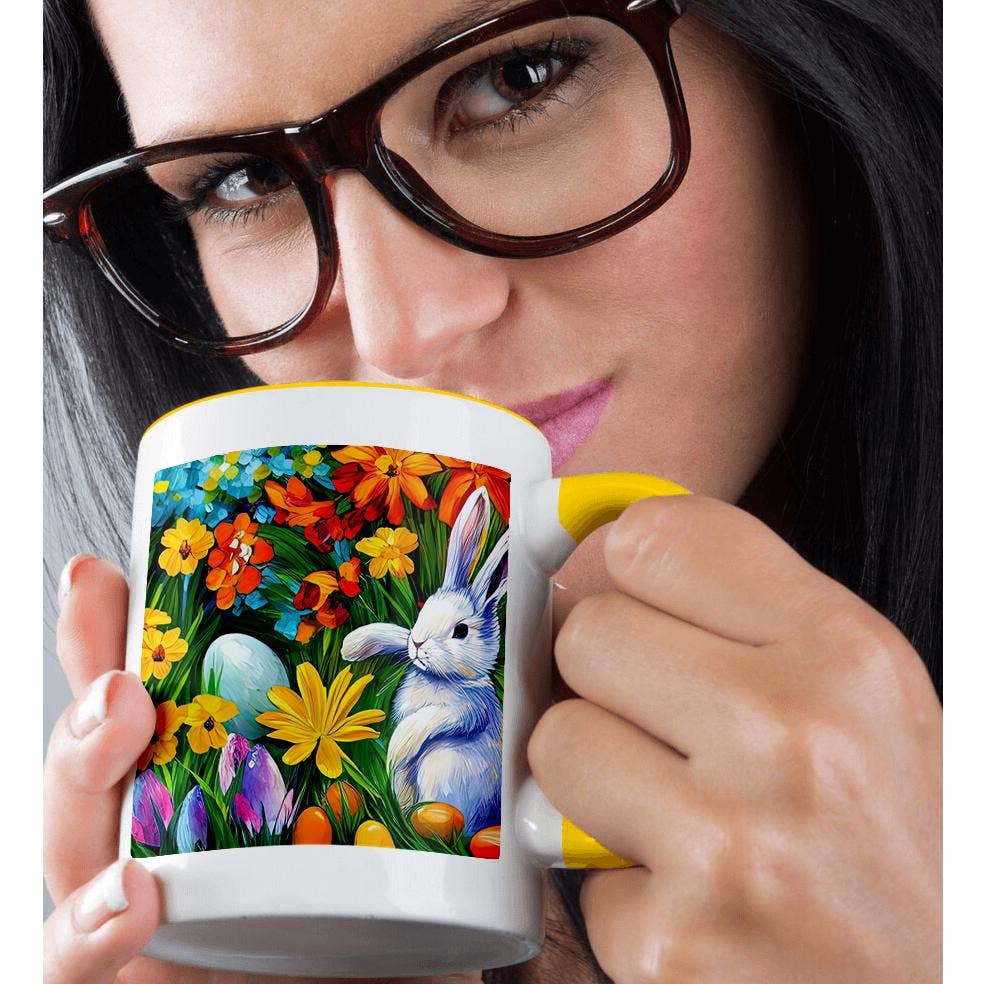 3dRose - Wholesale Coffee Mug - 3dRose, White Easter bunny, eggs, flowers. The magic of the spring garden, Mug1