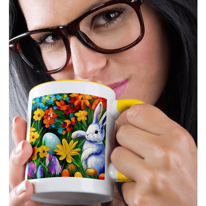 3dRose - Wholesale Coffee Mug - 3dRose, White Easter bunny, eggs, flowers. The magic of the spring garden, Mug1
