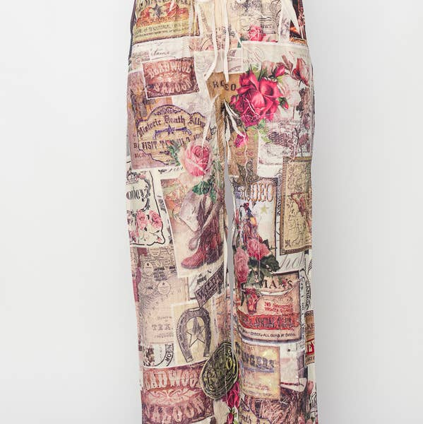 Relaxed Lace Patchwork Pants With Elastic Drawstring - 4703 BG/ROSEWEST for wholesale by Origami Apparel ~ Lace and Crochet inspired