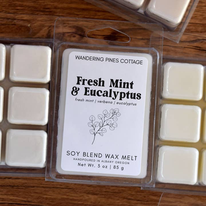Fresh Mint and Eucalyptus Wax Melts Clamshell - 3 oz for wholesale by Wandering Pines Cottage