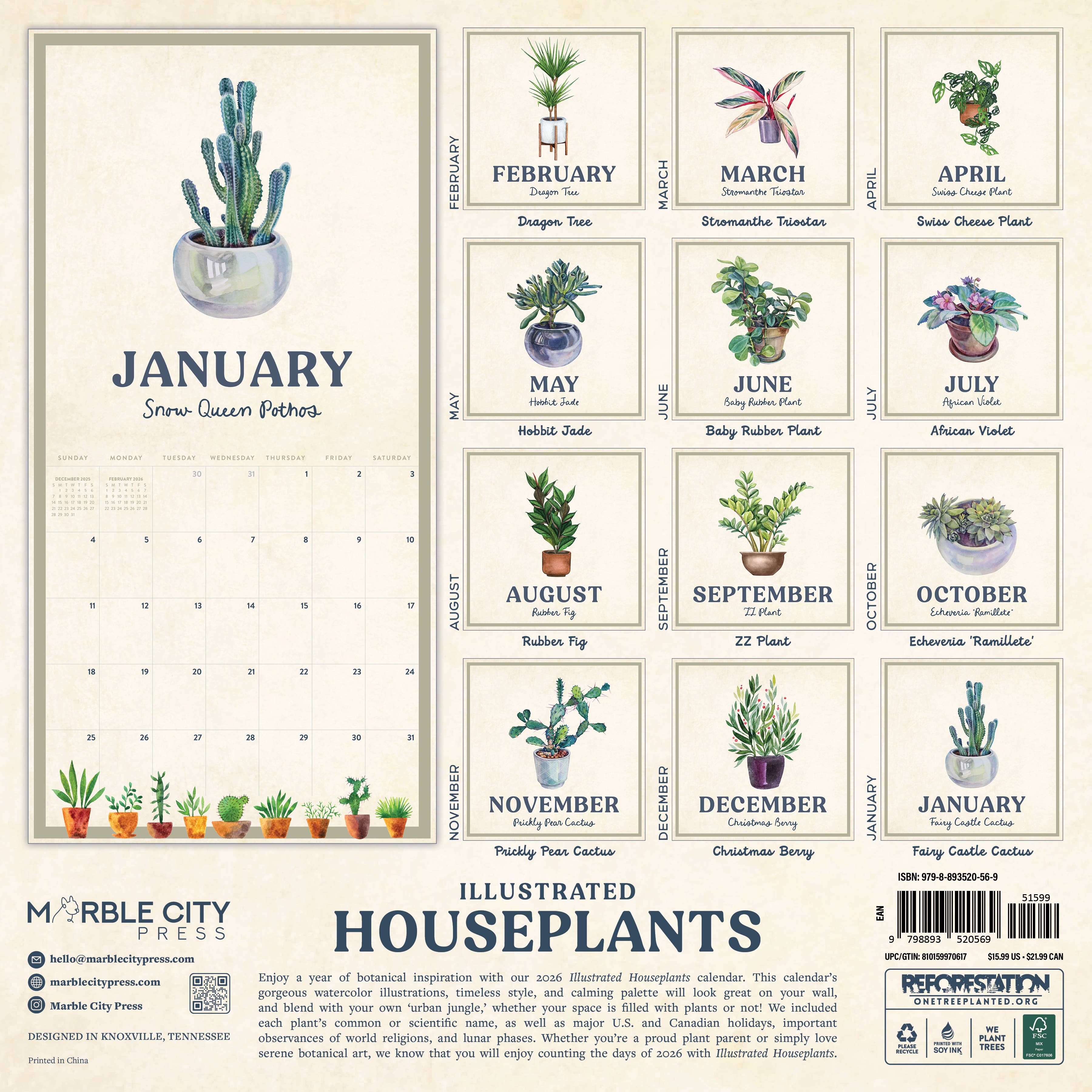 Marble City Press - Vente Calendrier - Calendrier mural 2026 des plantes d'intérieur malades Marble City Press1