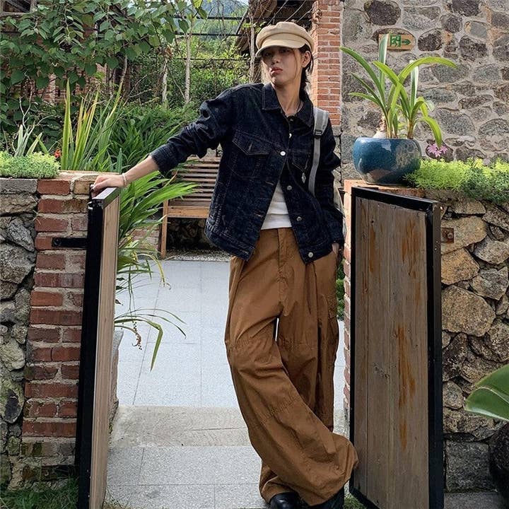KHAKI Casual Drawstring Wide Leg Pants - Solid Color, Floor-Length for wholesale on Faire