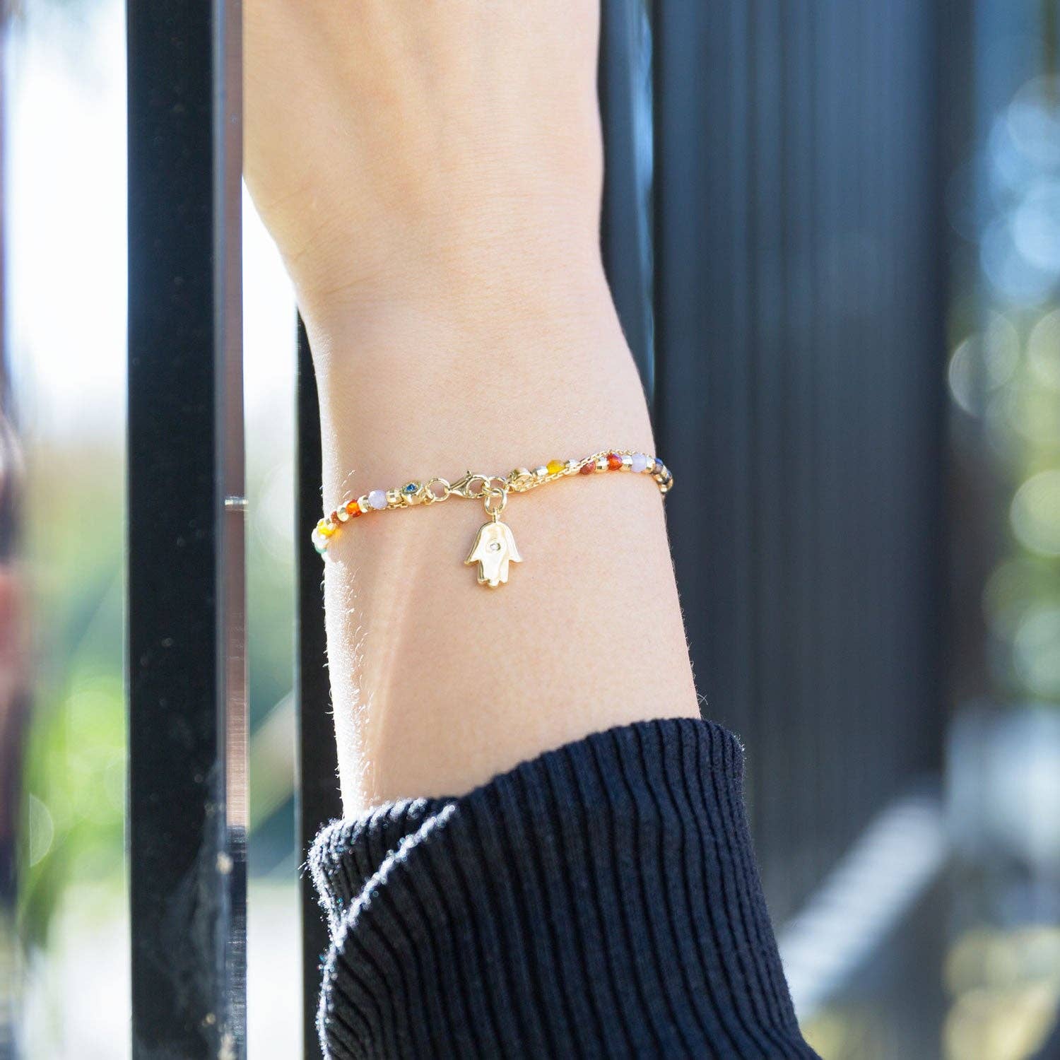 Silver Stars Collection - Wholesale Charm/Dangle Bracelet - 14 Karat Gold Plated Multi Stone Bracelet with Hamsa Charm1