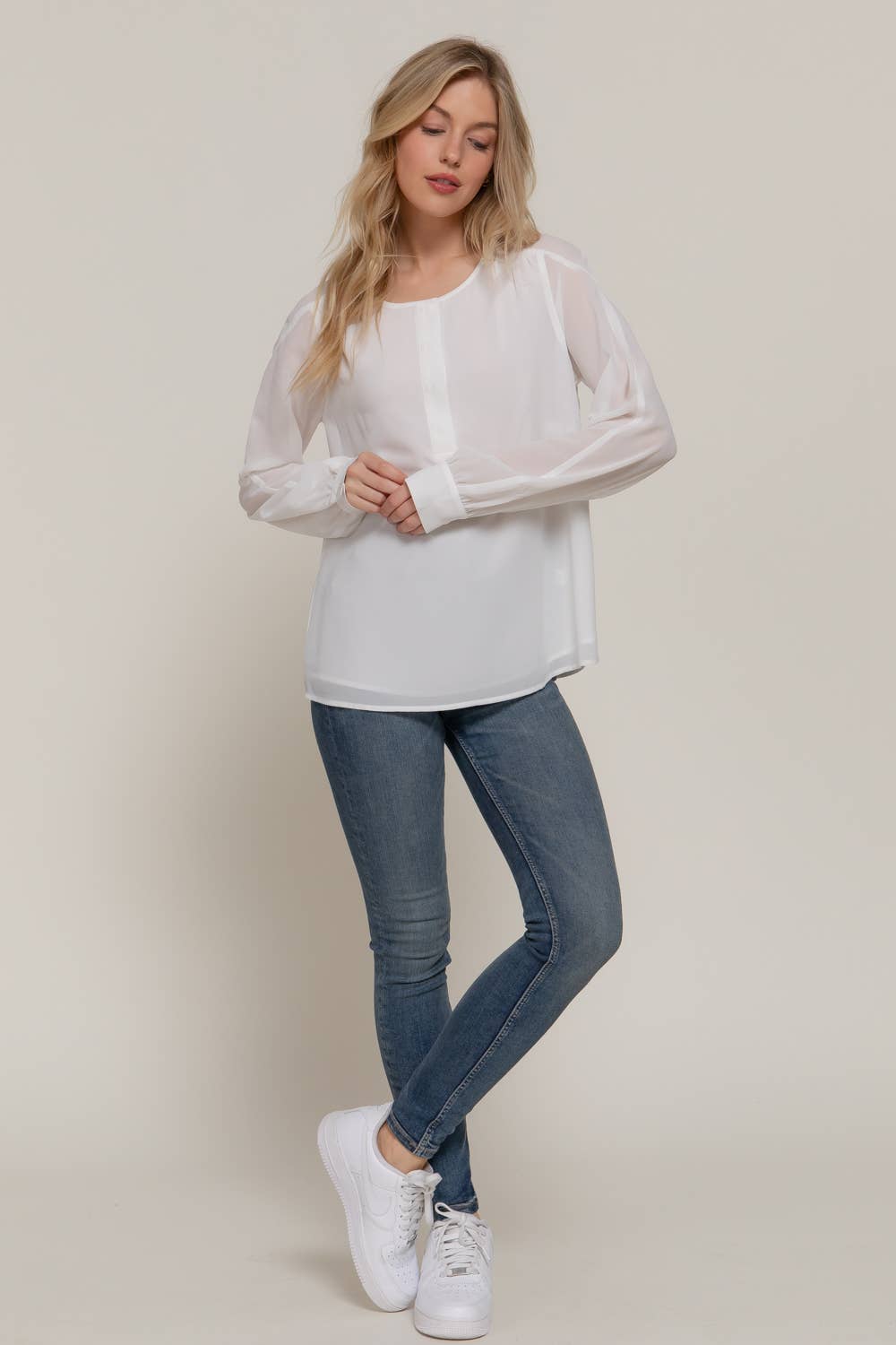 Active Basic | Active USA - Wholesale Blouse - Women's - Long Sleeve Round Neck with Hidden Placket Chiffon Blouse18