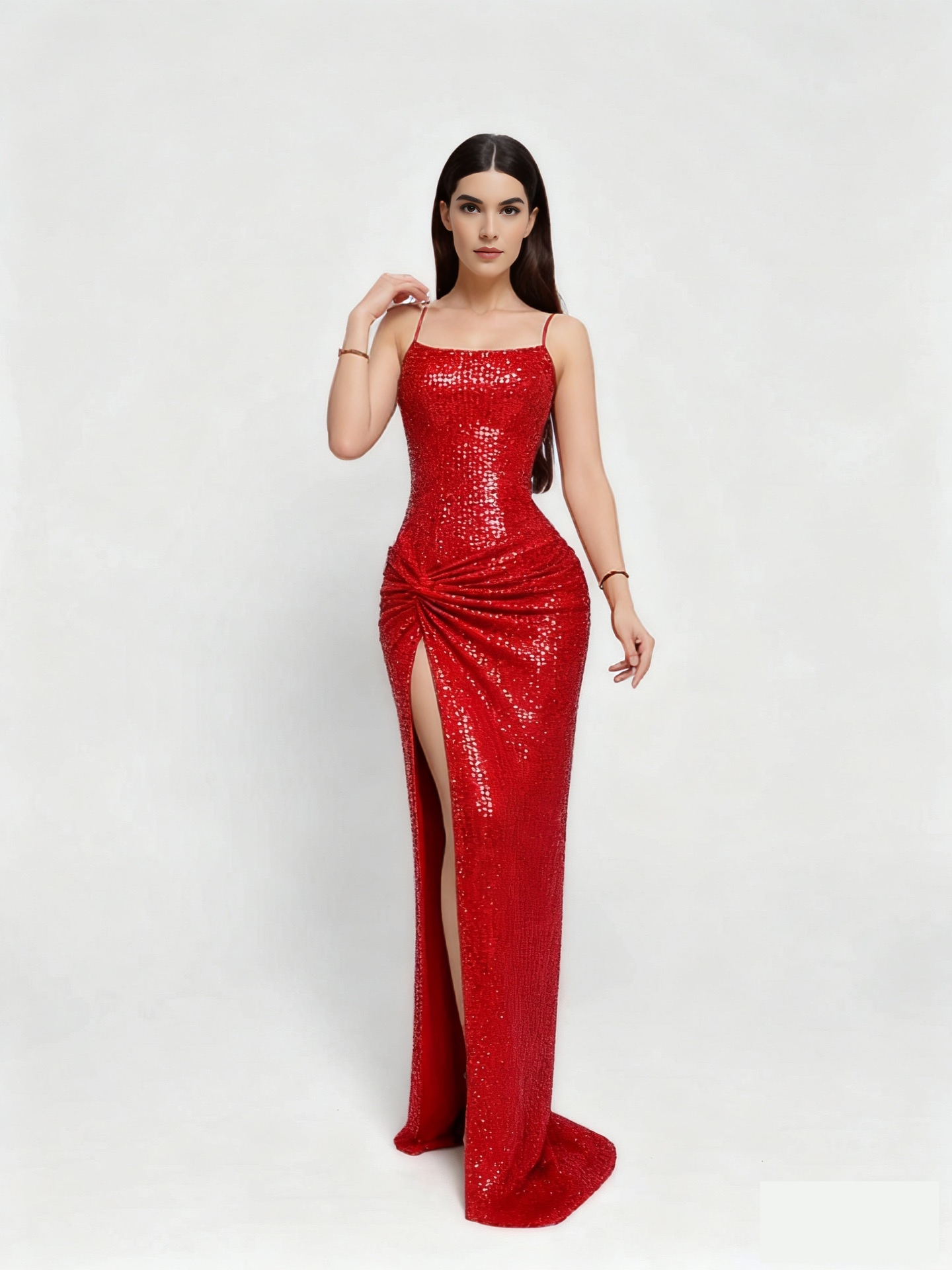 Productseeker - Wholesale Formele jurk - Dames - DR843 Rode Paillettenjurk met Split – Glamoureuze Feestjurk voor de Feestdagen0