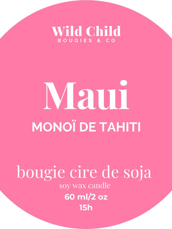 "Maui" Natural scented candle with Monoi 15H for wholesale by WILD CHILD Bougies & Co