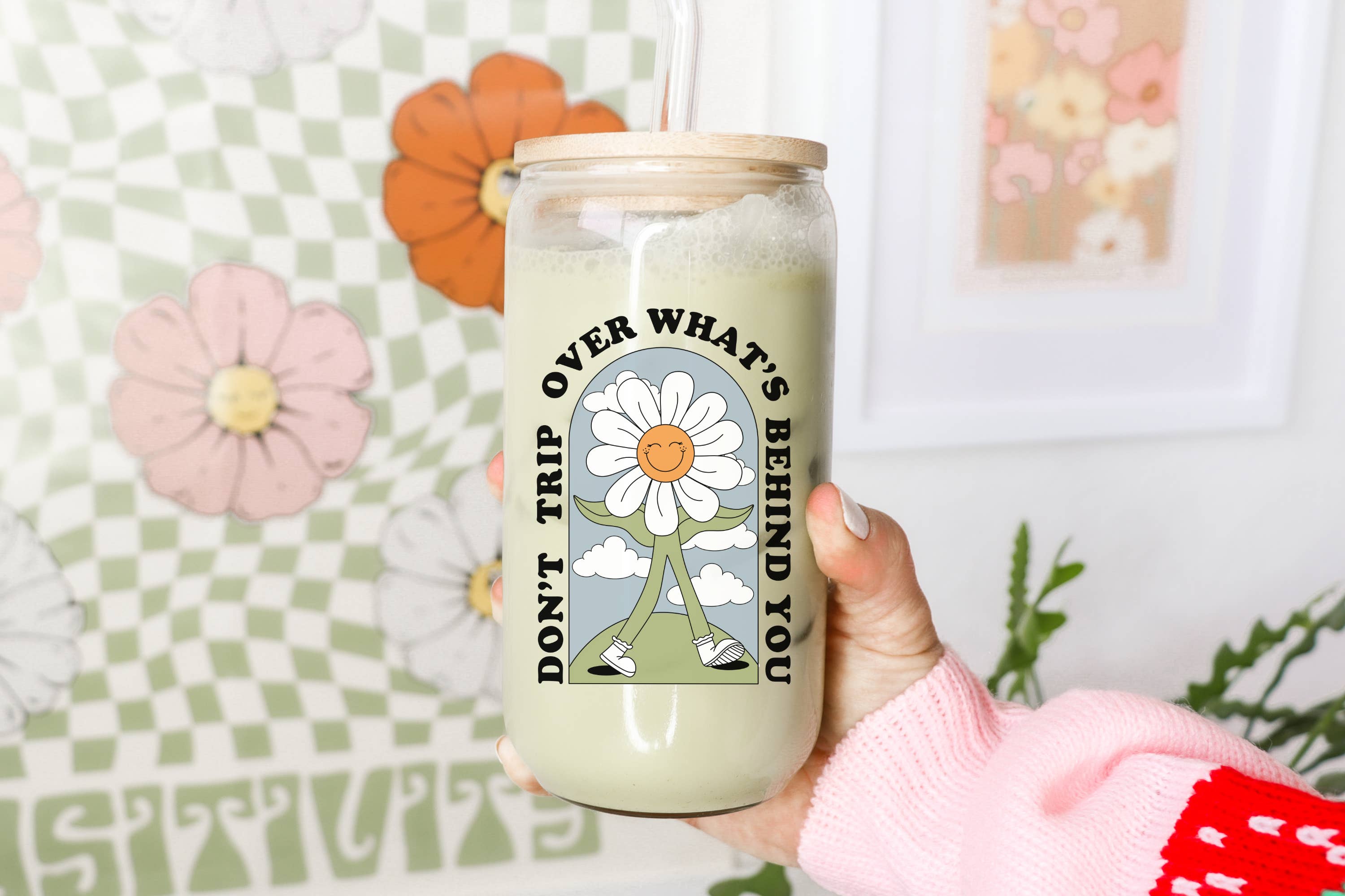 Boho + Babe - Wholesale Drinking Glass/Cup - Don't Trip 16 oz Glass Cup with Bamboo Lid