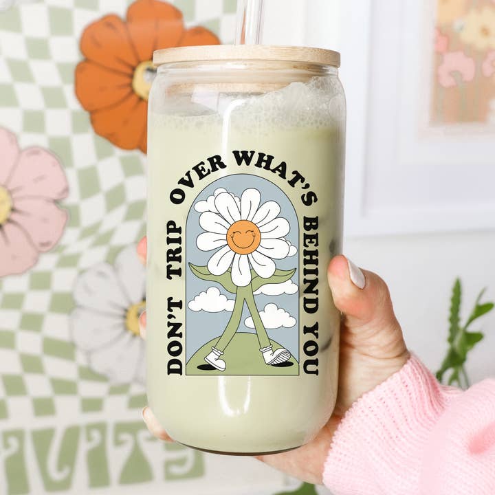 Boho + Babe - Wholesale Drinking Glass/Cup - Don't Trip 16 oz Glass Cup with Bamboo Lid0