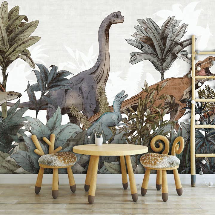 Carta da parati per cameretta dei bambini con dinosauri panoramici per la vendita all'ingrosso da parte di Les Panoramiques