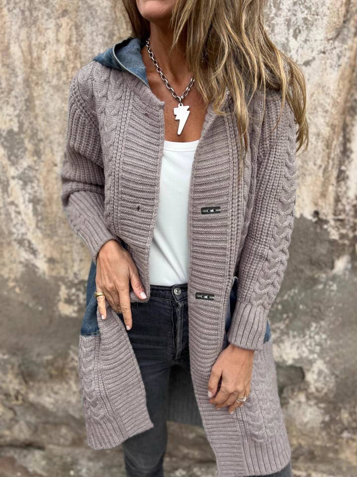 Rosa Clothing - Wholesale Cardigan - Women's - Vintage Style Denim Patchwork Hooded Knit Cardigan0