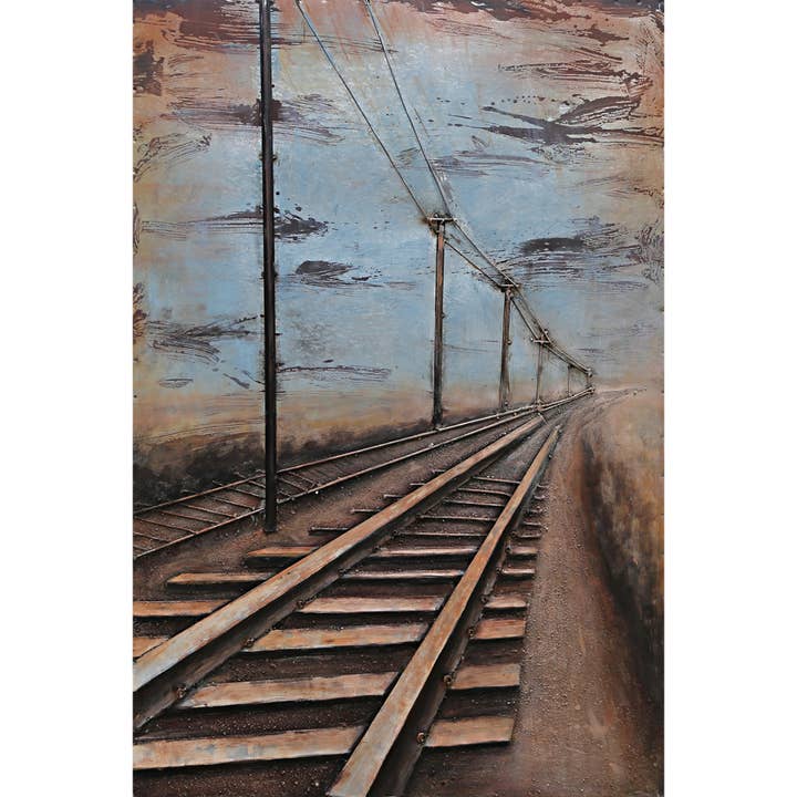 41127: ARTE DE PARED METÁLICO 3D - VÍAS DE TREN para venta al por mayor de Import Corner