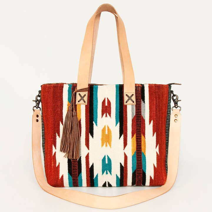 LS Western - Wholesale Tote Bag - Women's - LC-ADBG575D Southwestern Wool Tote with Natural Leather Straps Handwoven Tribal Pattern & Tassel20