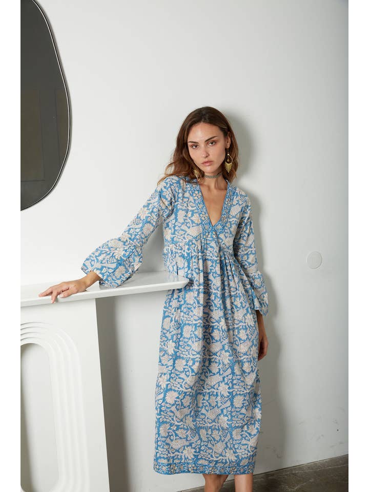 The Fox and The Mermaid - Wholesale Dress - Women's - Block Printed Cotton Bell Sleeve Dress (Gold/Blue)