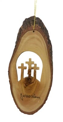 Earthwood - Wholesale Ornament - Bark Slice with Three Crosses - 4 to 6"1