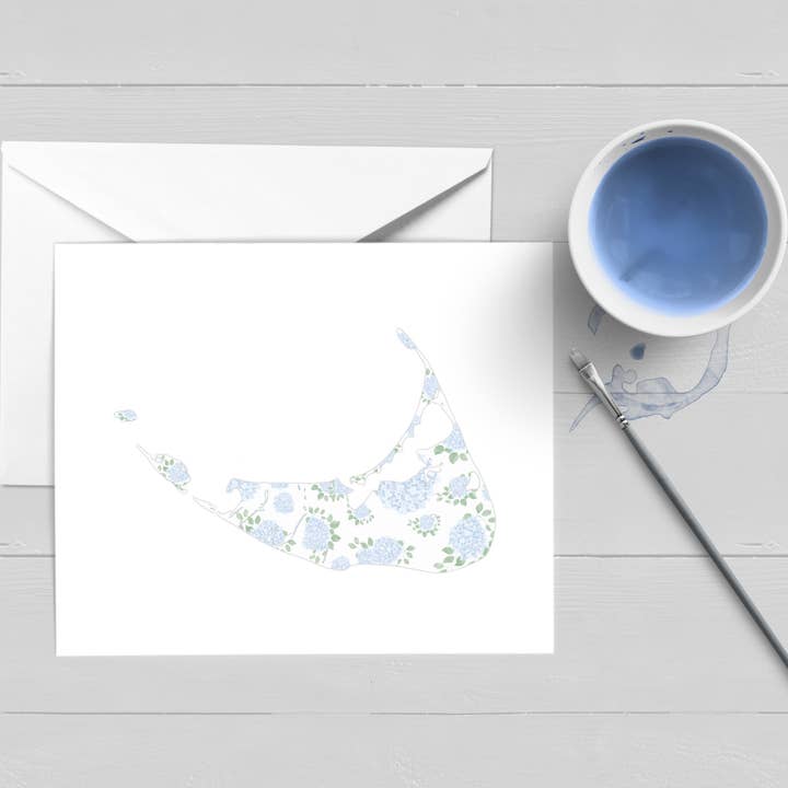 Tarjeta de acuarela Hydrangea Nantucket Map de una sola manga para venta al por mayor de WonderfullyWrittenCo