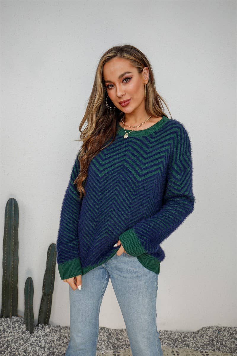 NINEXIS - Wholesale Knit Sweater - Women's - CWOSWL1707_V-neck Long Sleeve Striped Pullover Sweater1