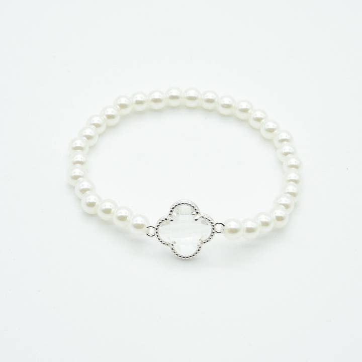 MiMi Wholesale - Wholesale Beaded Bracelet - Clover Accent Pearl Stretch Beaded Bracelet