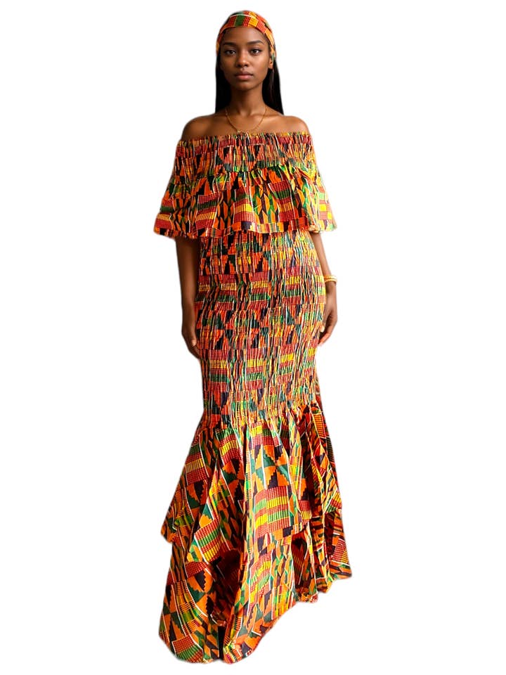 Smock Mermaid Dress - 2289 Orange Kente for wholesale by India Batik