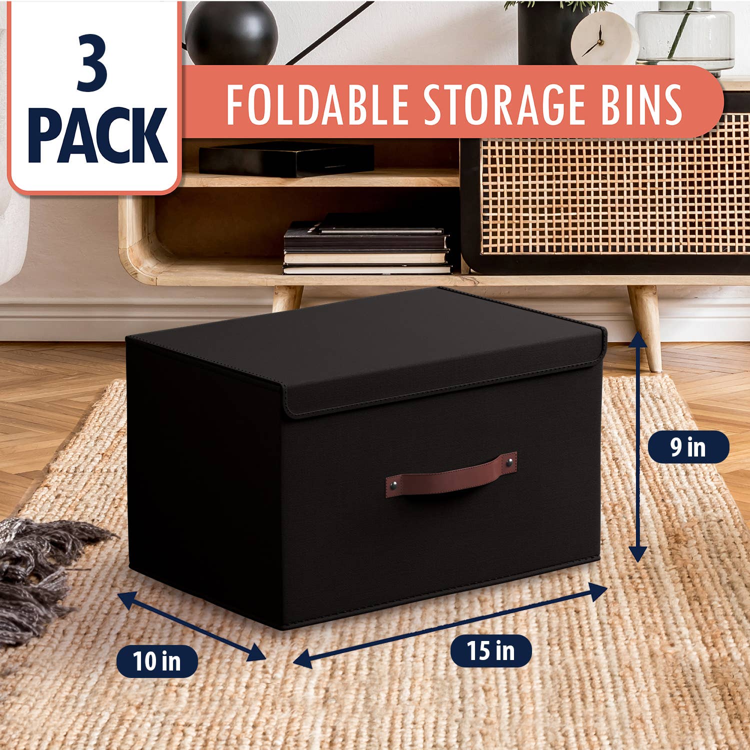 Ornavo Home - Wholesale Storage Bin - 3 PK Foldable Linen Storage Bin with Leather Handles and Lid4