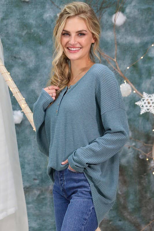 NINEXIS - Wholesale Knit Top - Women's - CWTTL450_BUTTON PLACKET LONG SLEEVE WAFFLE TOP11