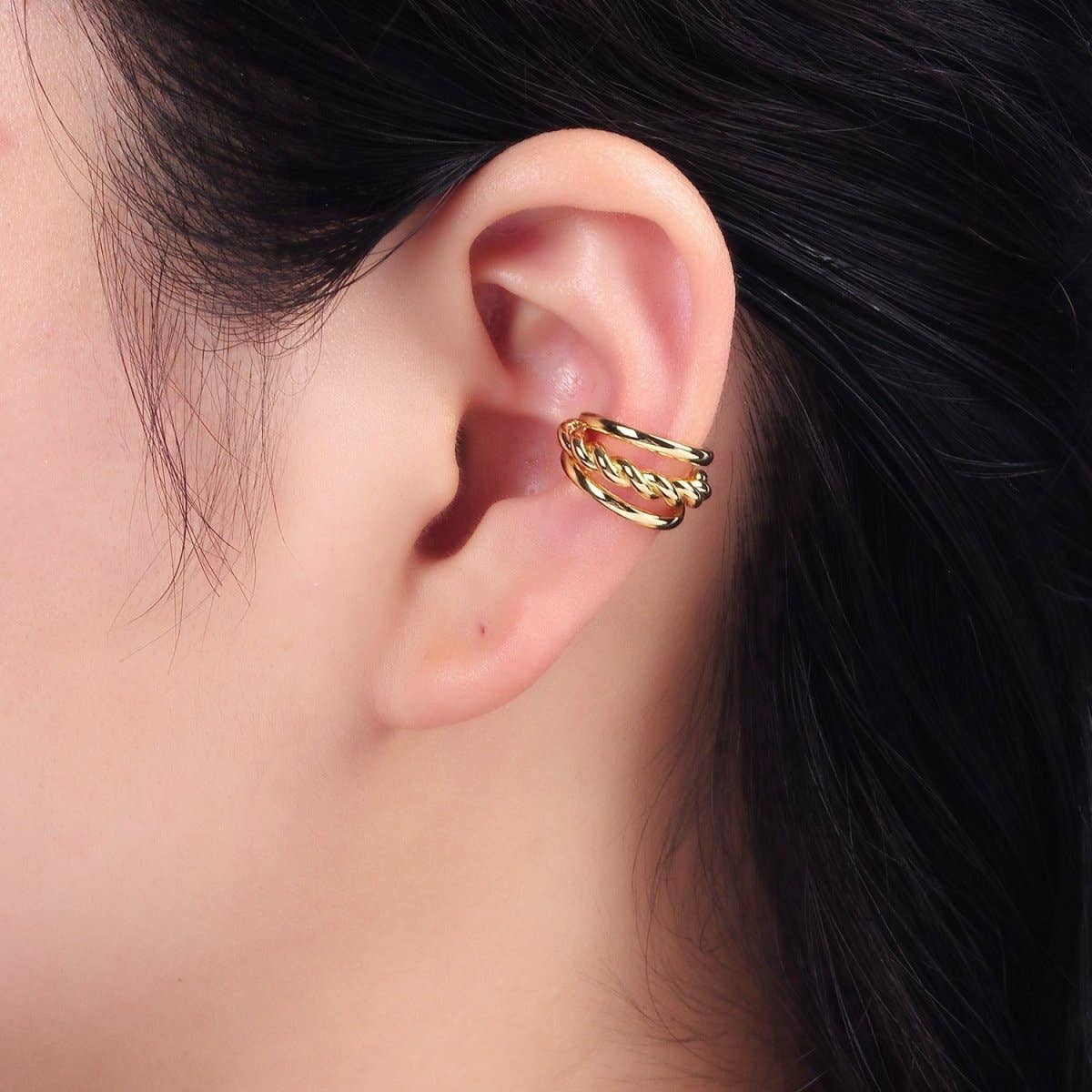 Aim Eternal - Wholesale Cuff/Wrap Earrings - 14K Gold Filled Twist Croissant Triple Band Minimalist Ear Cuff Earrings | AI1571