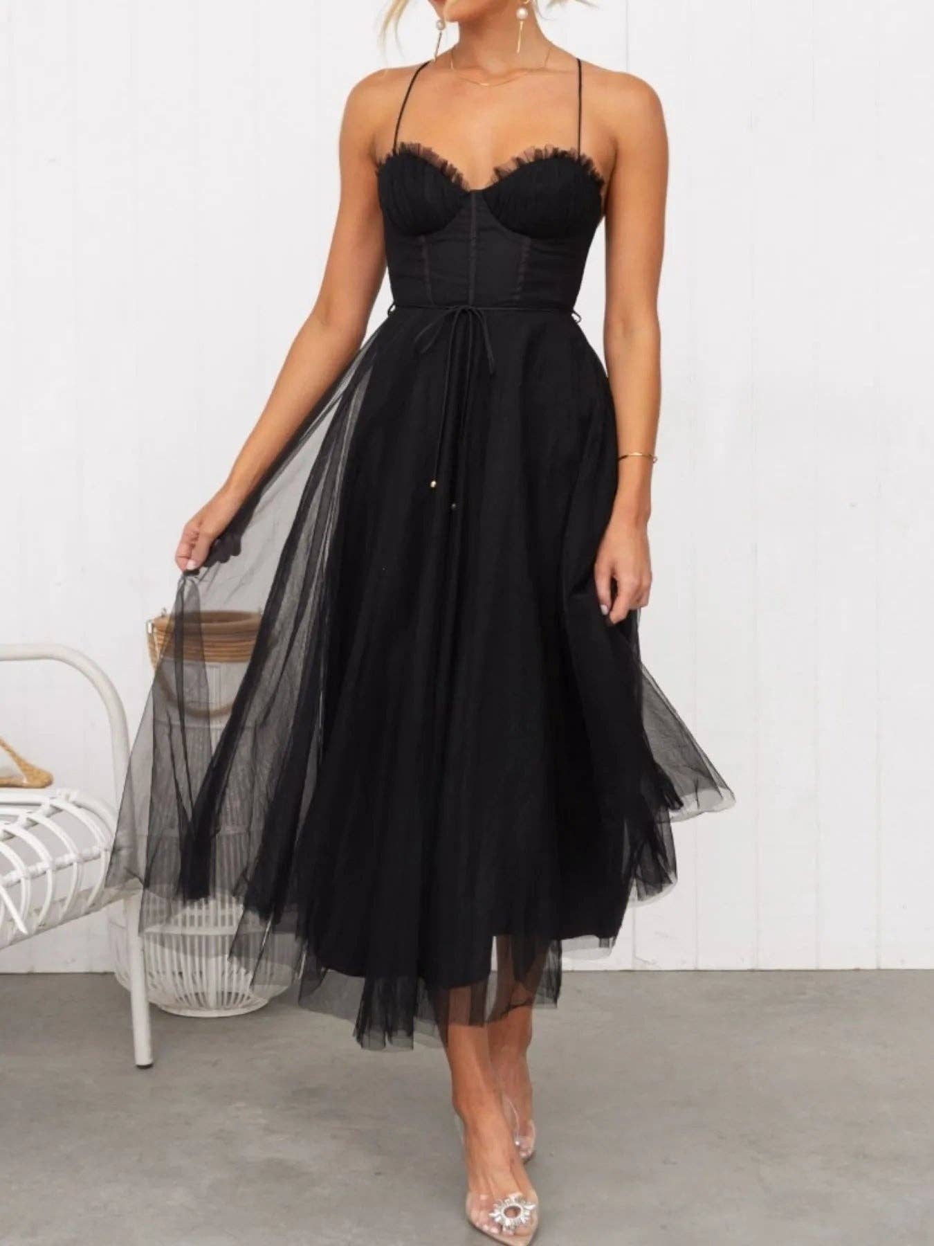 React Activewear - Wholesale Dress - Women's - Sweetheart Neck Tulle Midi Dress5