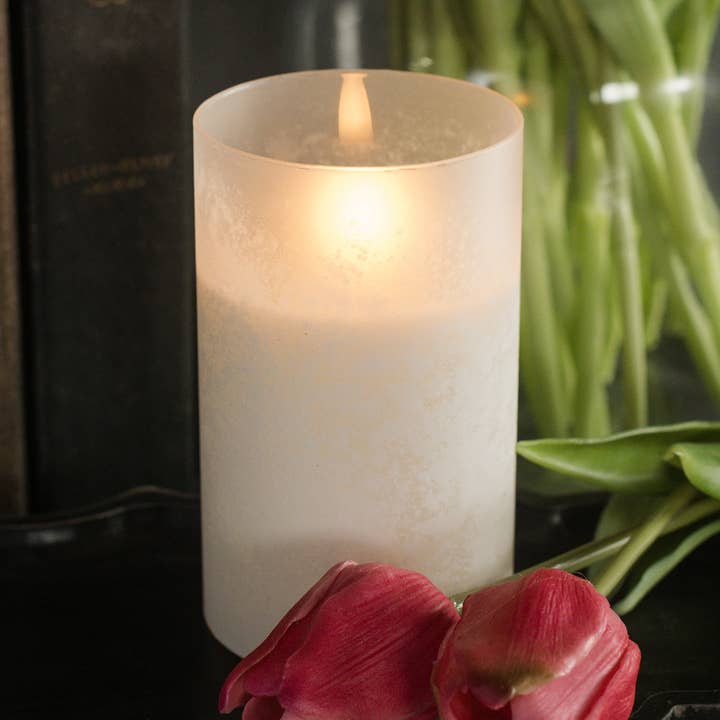 5" WHITE FROSTED GLASS 3D FLAME CANDLE for wholesale by Ragon House