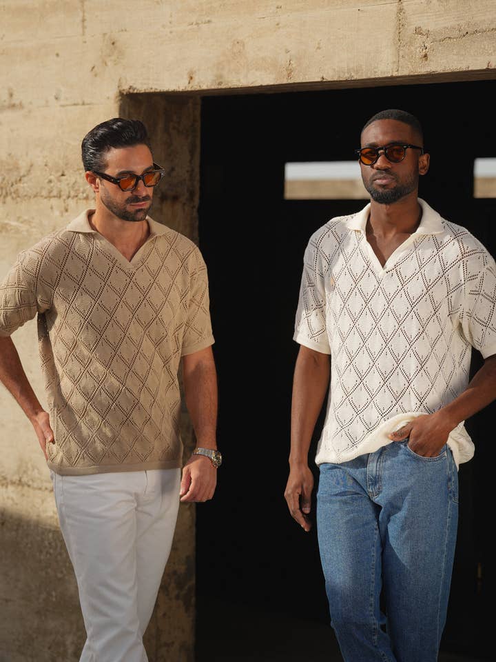 DONATO - Vendita all'ingrosso Polo - Uomo - CAMICIA POLO A COLLO APERTO CON DESIGN GEOMETRICO COLOR TORTORA8