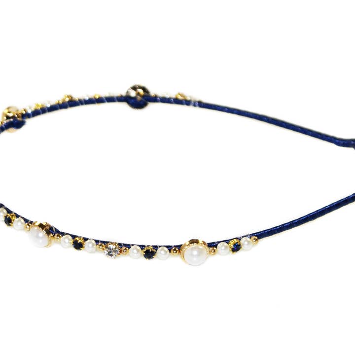 Selene Pearl Guld Perle & Diamante Alice Band - Navy - HAB166 for engroshandel hos Hepburn & Co.