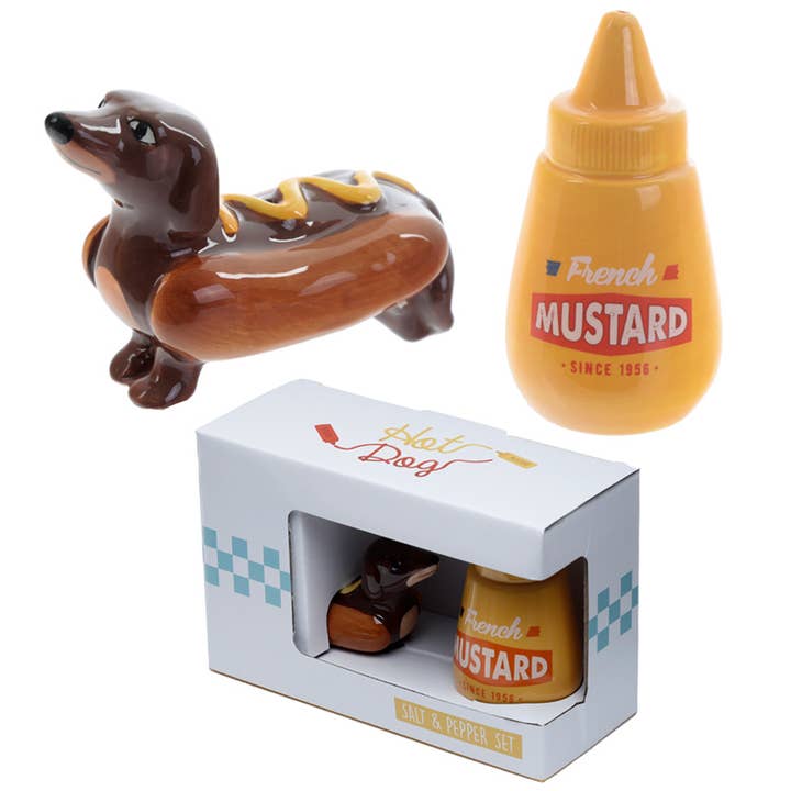 Sausage Dog in a Bun and Mustard Ceramic Salt and Pepper Set for wholesale by Puckator Ltd