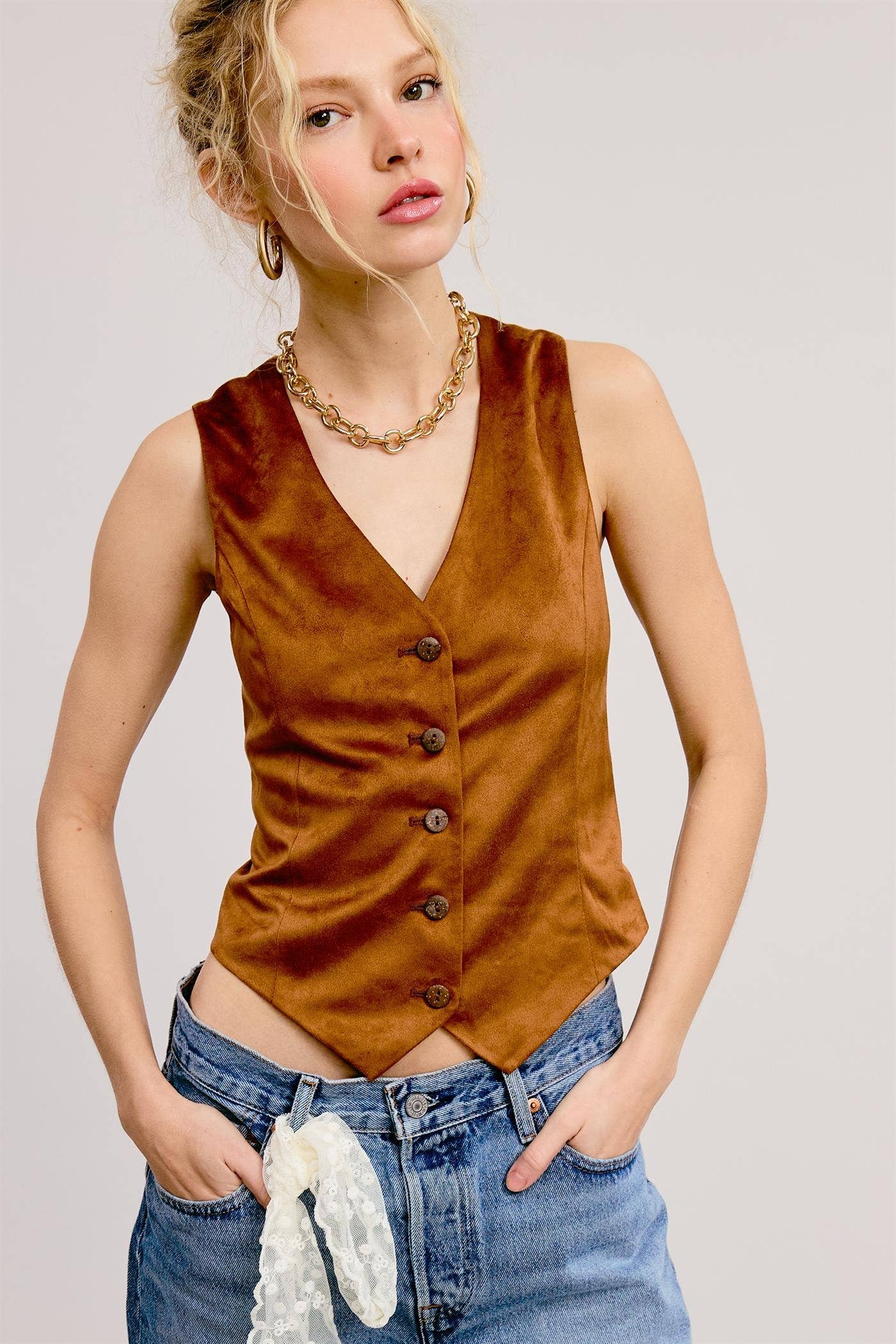 Mimosa - Wholesale Suit Vest - Women's - Faux Suede Tailored Button Front Vest9
