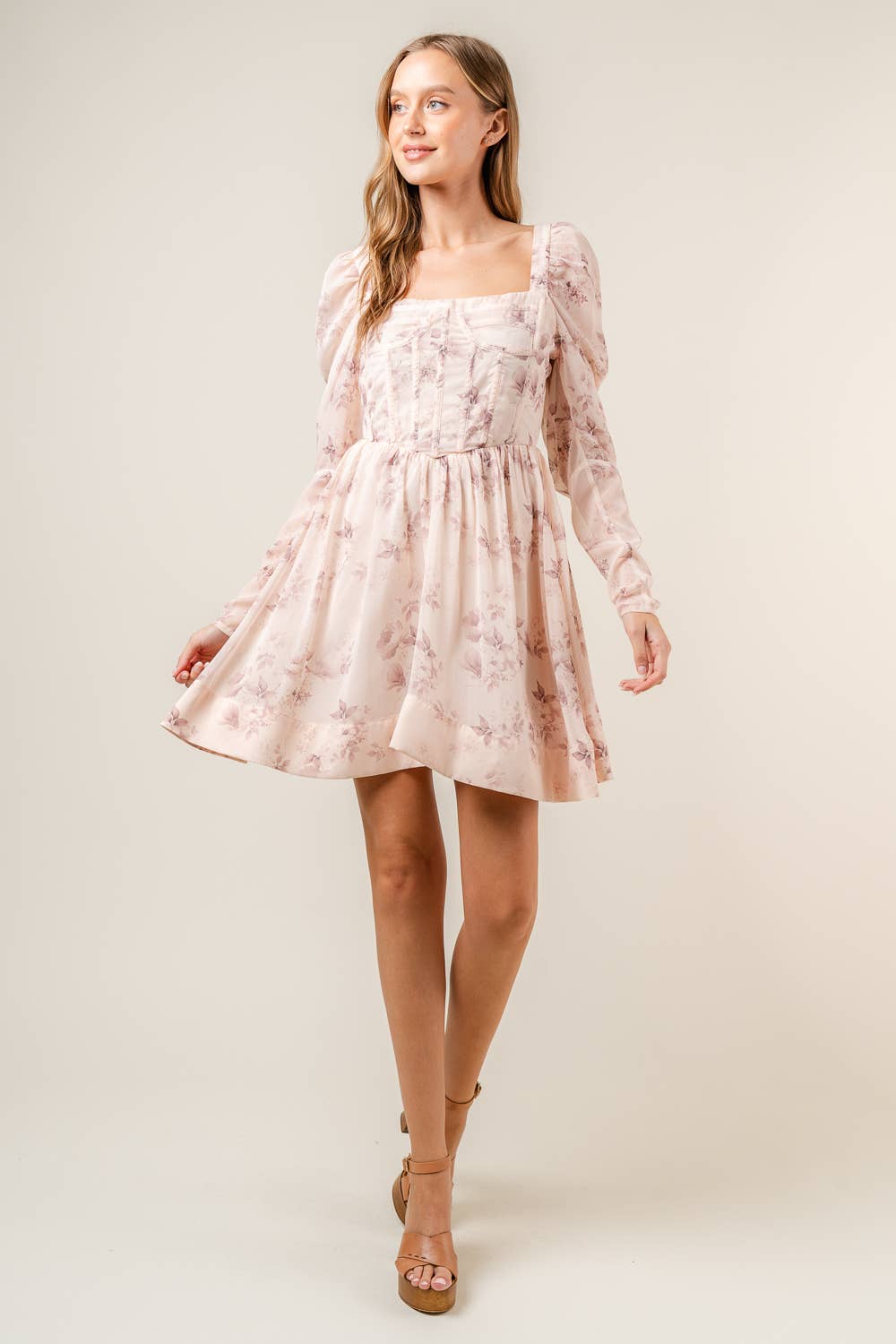 LT PEACH COQUETTE FLORAL PRINT CROSET BABYDOLL MINI DRESS-DI8432FO for wholesale on Faire4