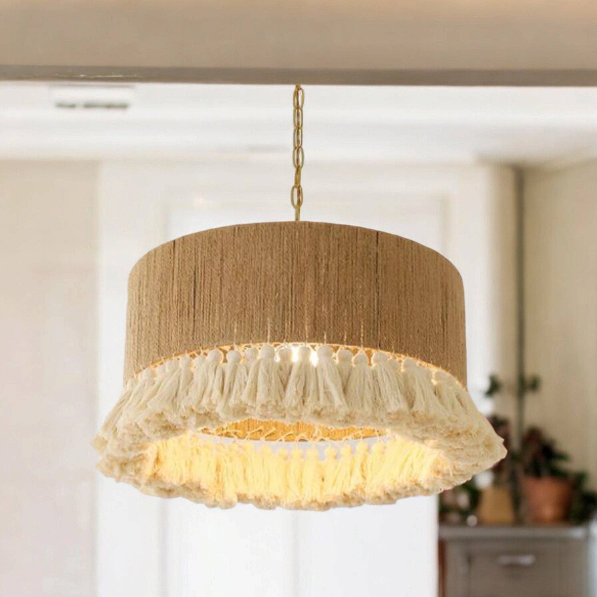 Joy's Arts - Wholesale Chandelier/Hanging Light - Boho Macrame Chandelier, Cozy Fall Pendant Light, Handmade Neutral Farmhouse Lampshade, Rusitc Jute Lighting3