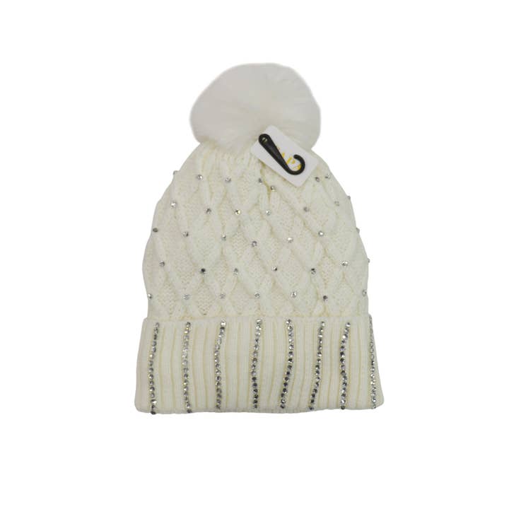 ASSORTED Pom Pom Knitted Beanie With Rhinestone HA4727-8 (12PC) for wholesale on Faire12