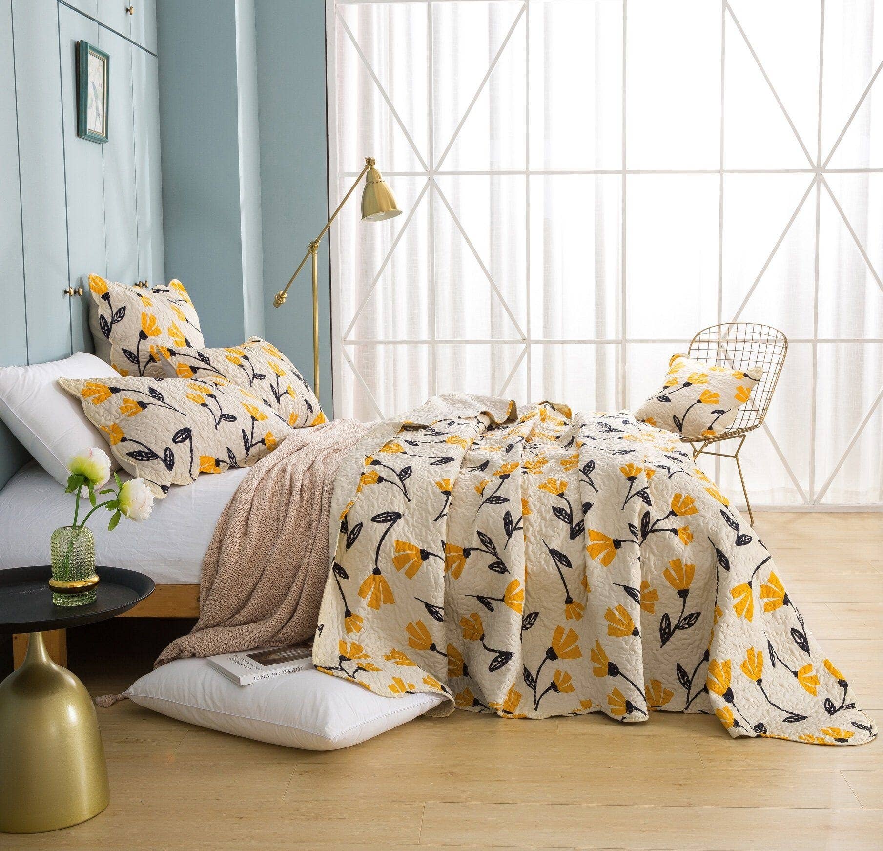 DaDalogy Bedding - Wholesale Bedding Set - DaDa Bedding Yellow Fleur Floral Golden Orange Ivory Cream Scalloped Bedspread Set (18112)1