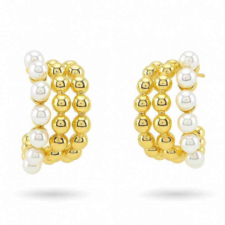 Gold Plated Beaded Hoop Earrings with Synthetic Pearls, 2 cm for wholesale by Sedy Jewelry
