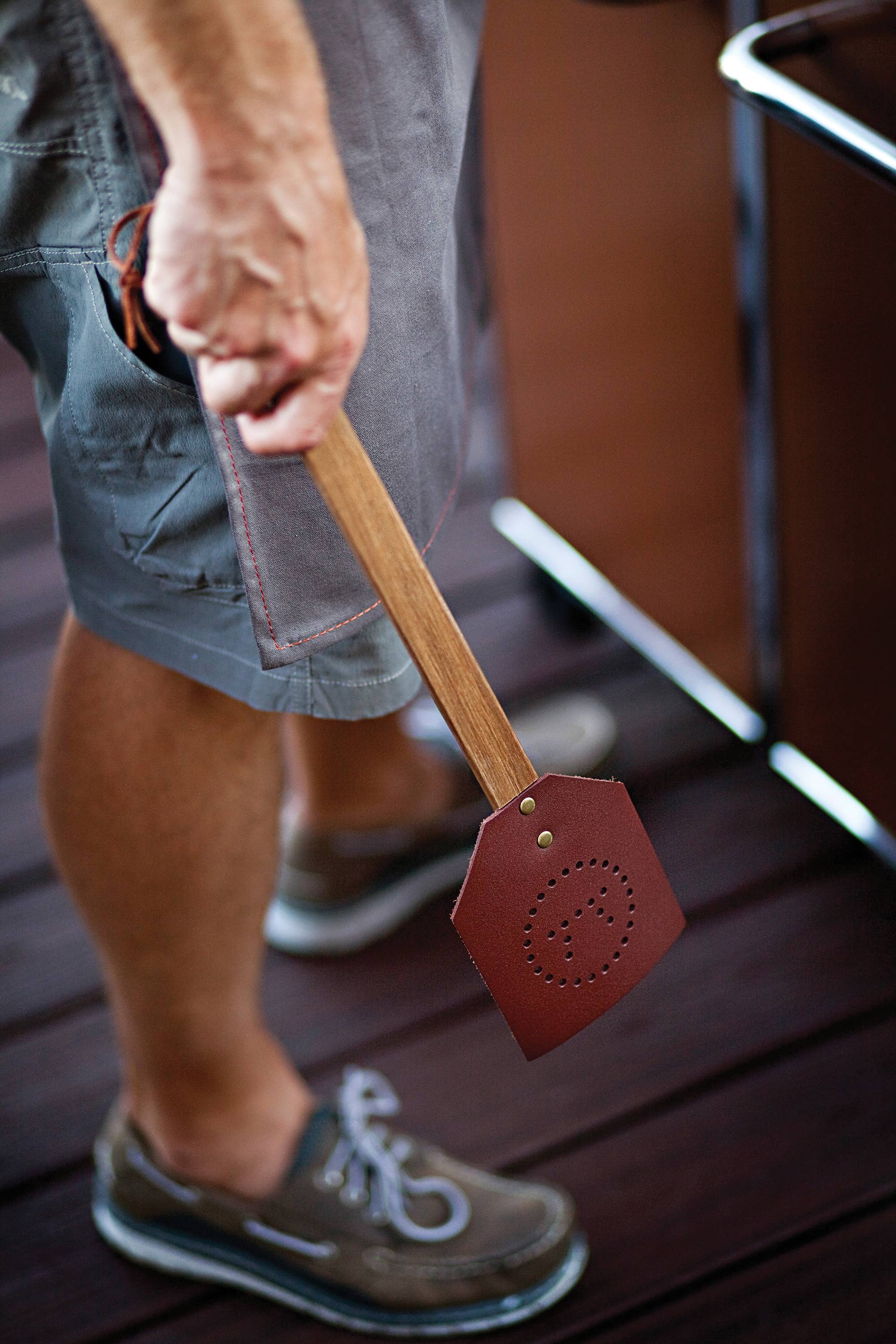 Fox Run Brands - Wholesale Outdoor Grill Tools - Outset Acacia and Leather Fly Swatter, 17.5" x 4.25"2
