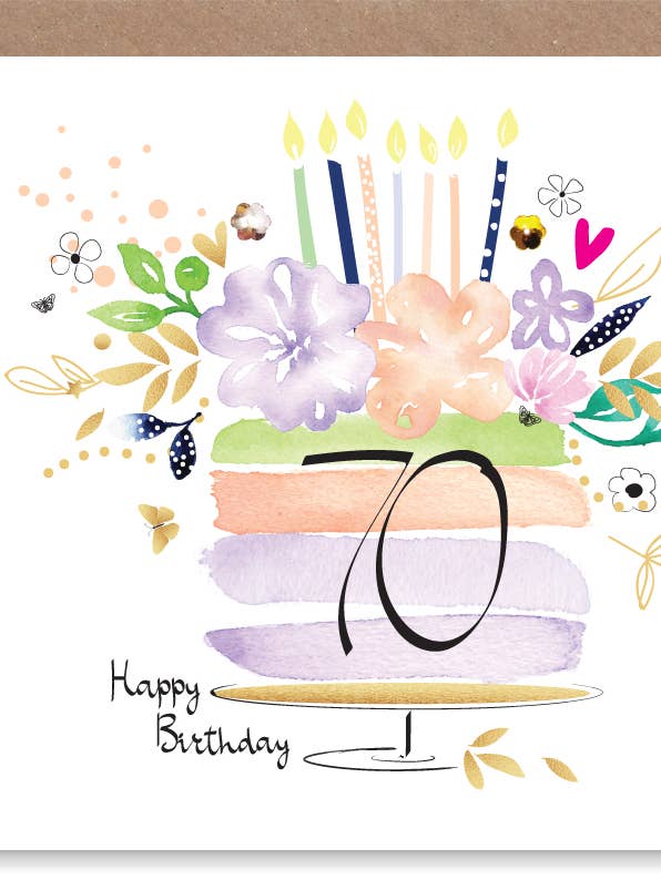 70th Birthday Cake & Candles Hand-Finished Sequin Card for wholesale by SABIVO Design