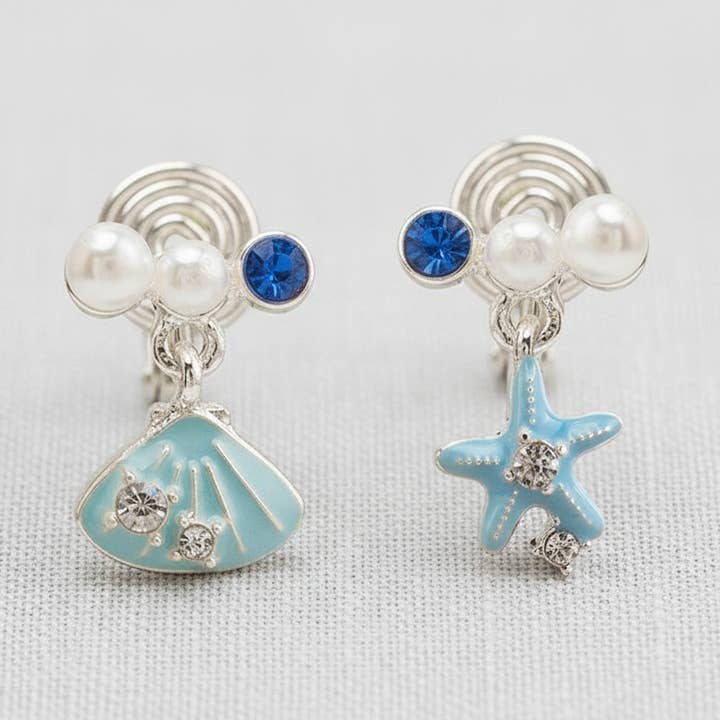 Boucles d'oreilles asymétriques coquillage étoile de mer bleue pour la vente par scentll jewelry