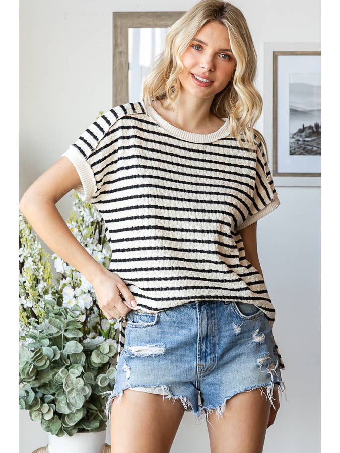 7th Ray - Venta al por mayor Jersey corto de punto - Mujer - Top de manga corta con abertura lateral y textura de rayas T586510