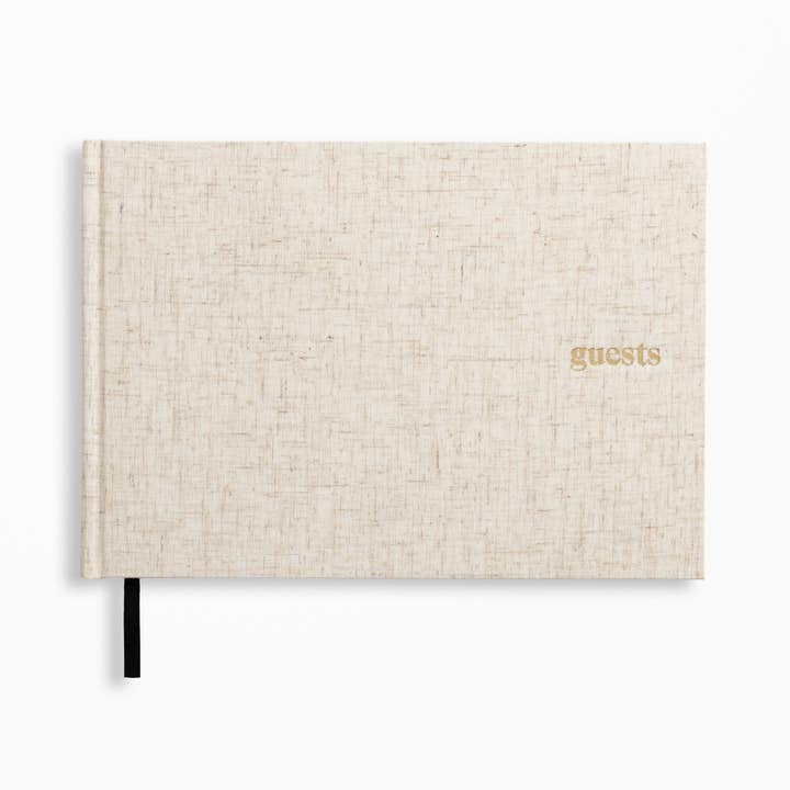 Heather Gray Linen Guestbook Hardcover Gold Foil Guestbook for wholesale by Souvenir Stationery