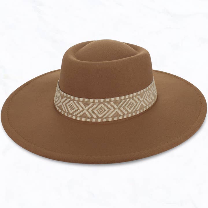 Suzie Q USA - Wholesale Fedora - Women's - Big Brim Concave Top Aztec Pattern Belt Jazz Hat