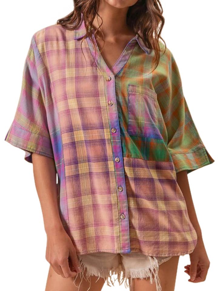 Vintage Washed Plaid Block Short Sleeve Blouse for wholesale by Vanilla Monkey